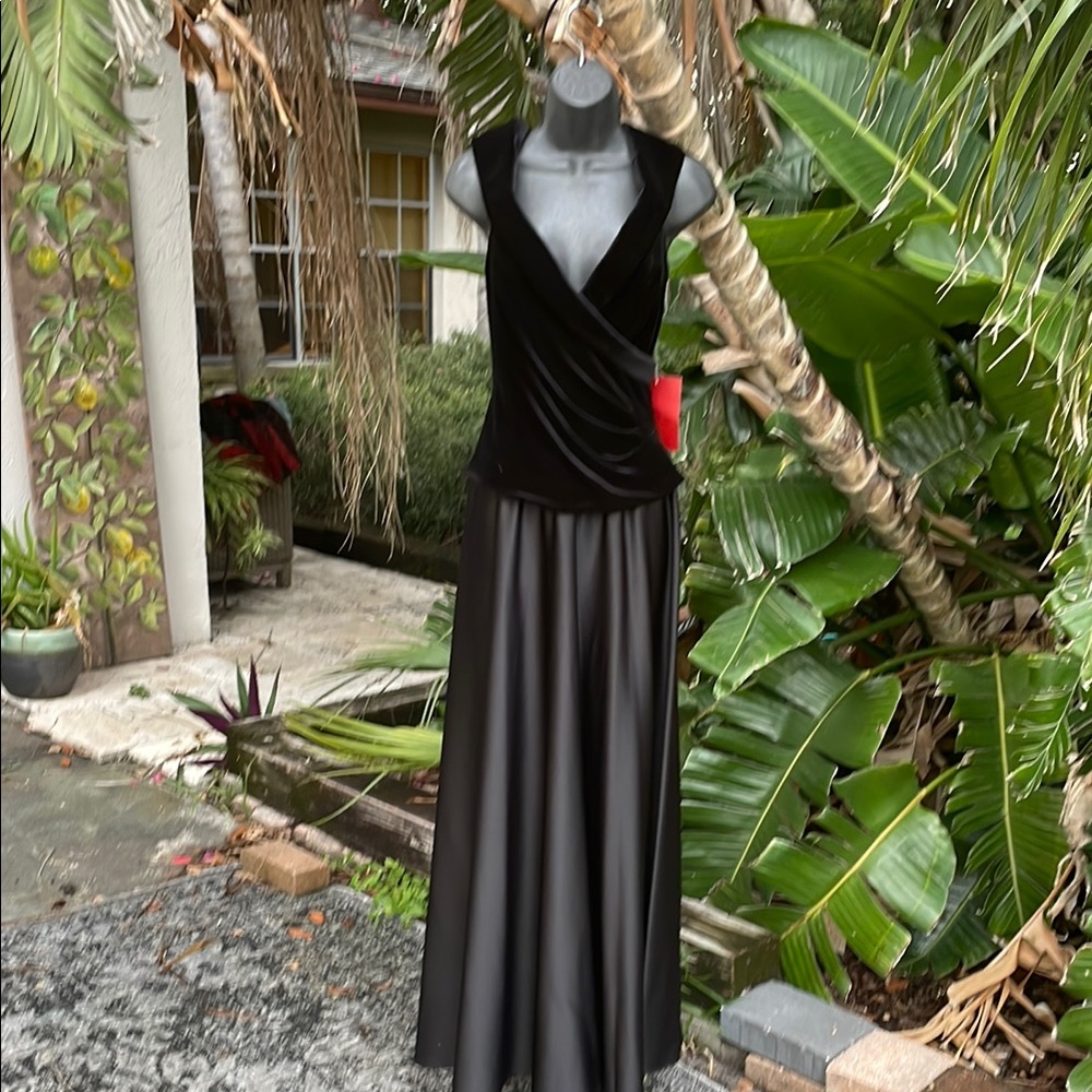 velvet peplum or drop waist and satin gown